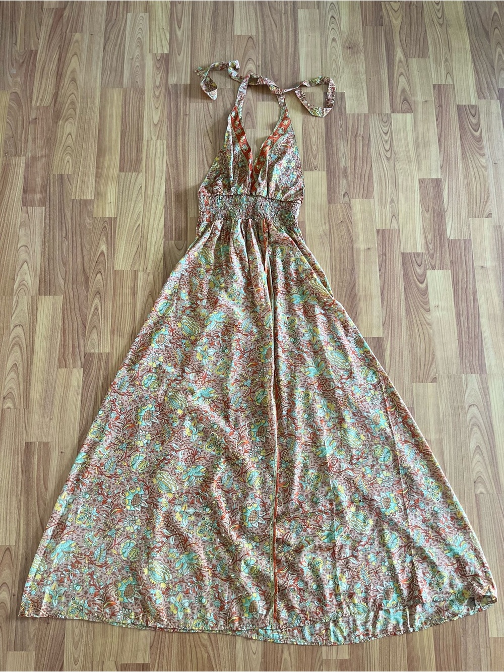 100% silk Floral Halter Maxi Dress in orange, green and gold